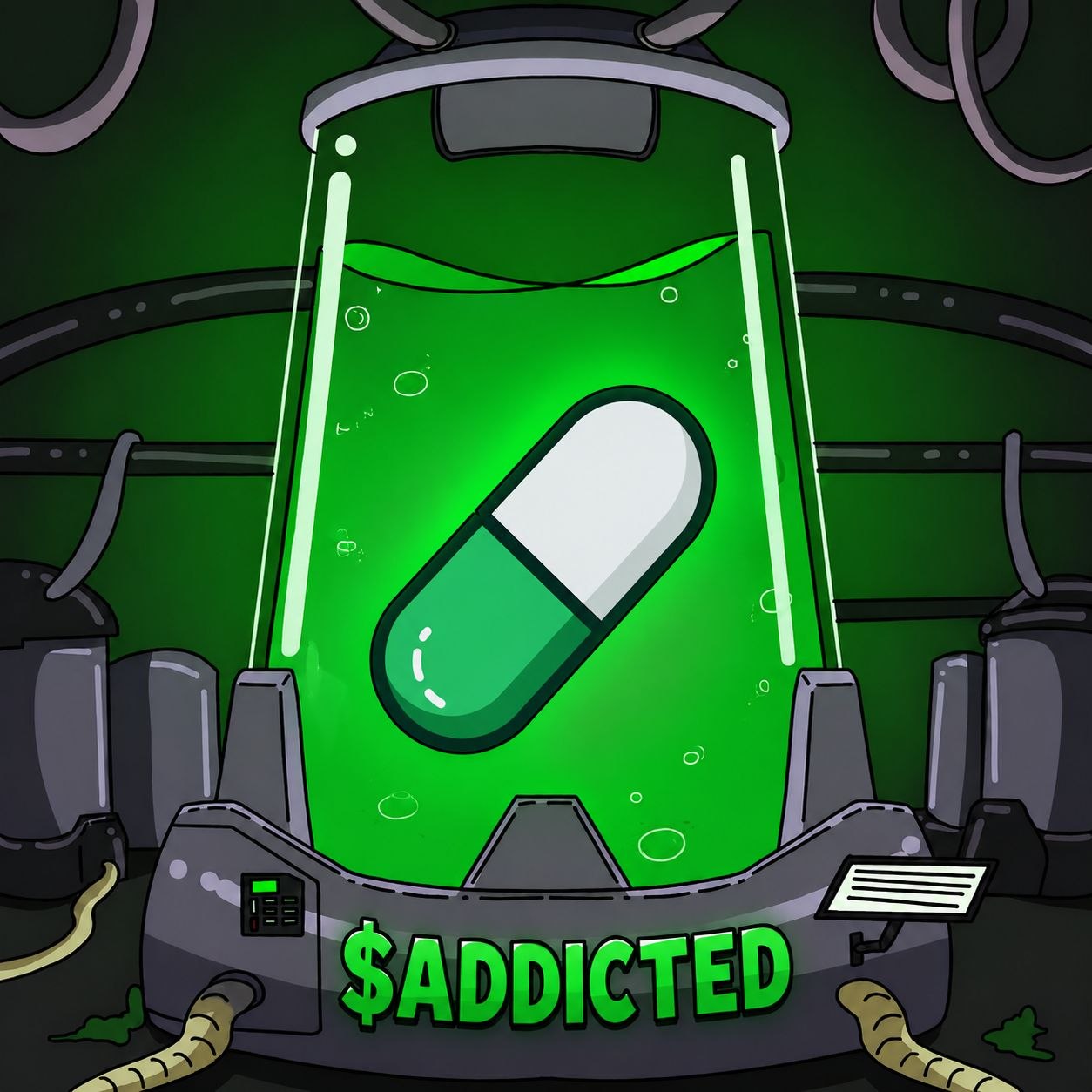 A green and white pump pill suspended inside a radioactive laboratory tank