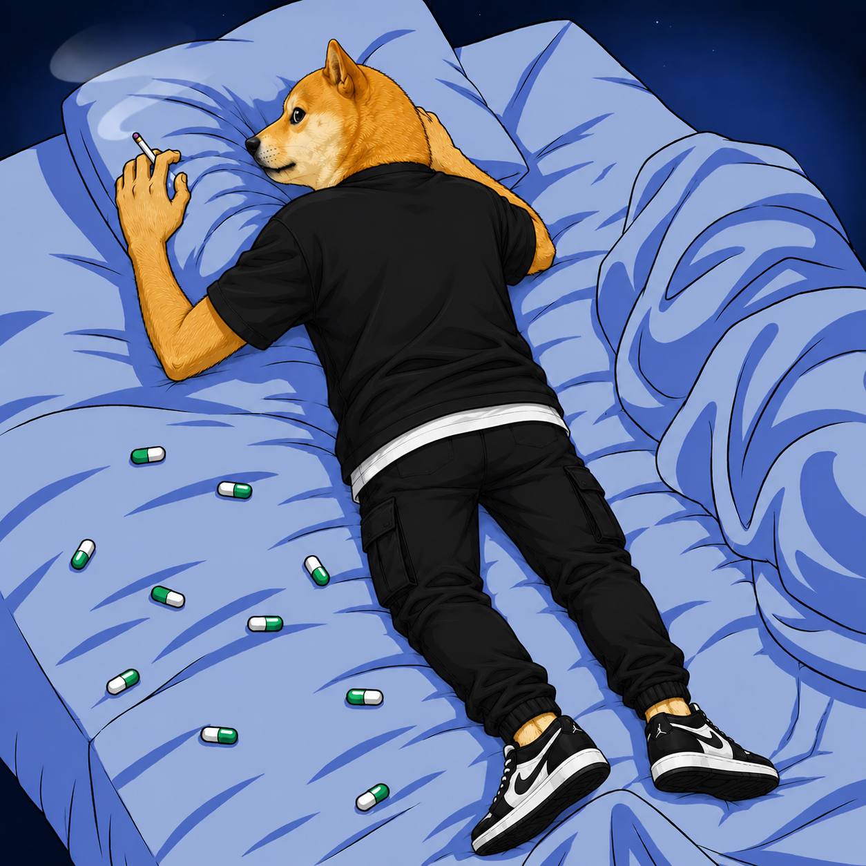 Doge character lying on a bed surrounded by green and white capsules