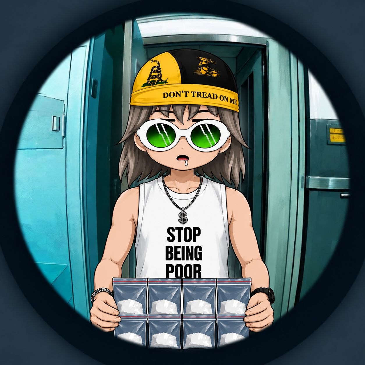 Pump addict presenting sealed packets through a peephole