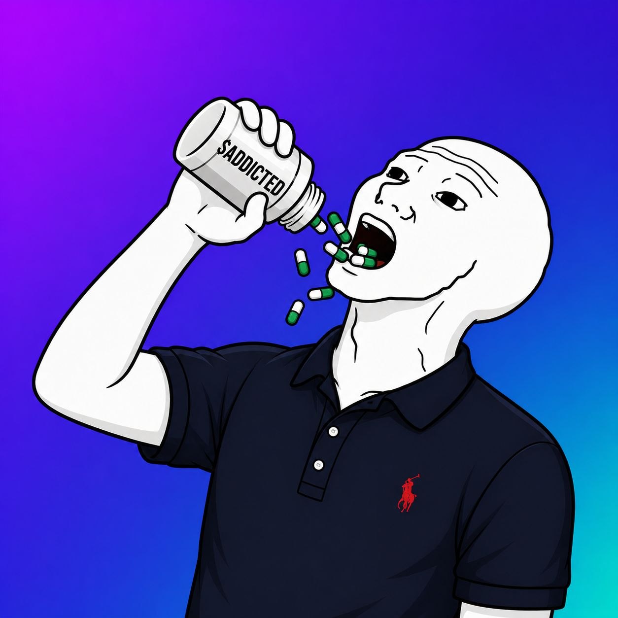 Pump addict pouring capsules from a bottle labeled Addicted