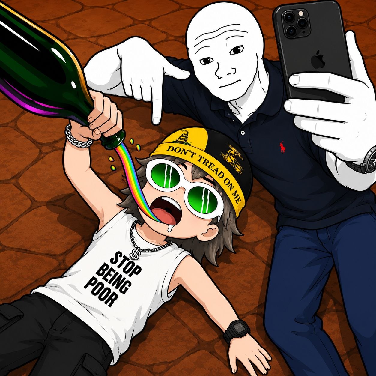 Pump addicts taking a selfie while pouring a rainbow drink